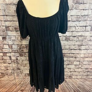 Rewind Black Eyelet Puff-Sleeve Mini Dress